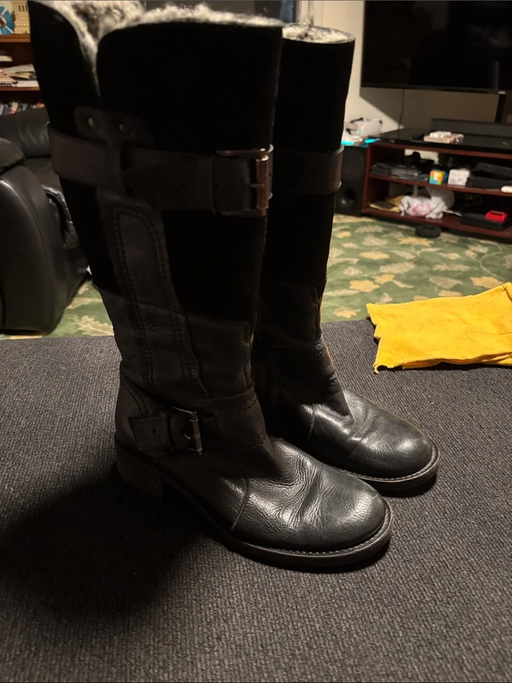 Women's Black Leather Knee-High Winter Boots with Faux Shearling Trim